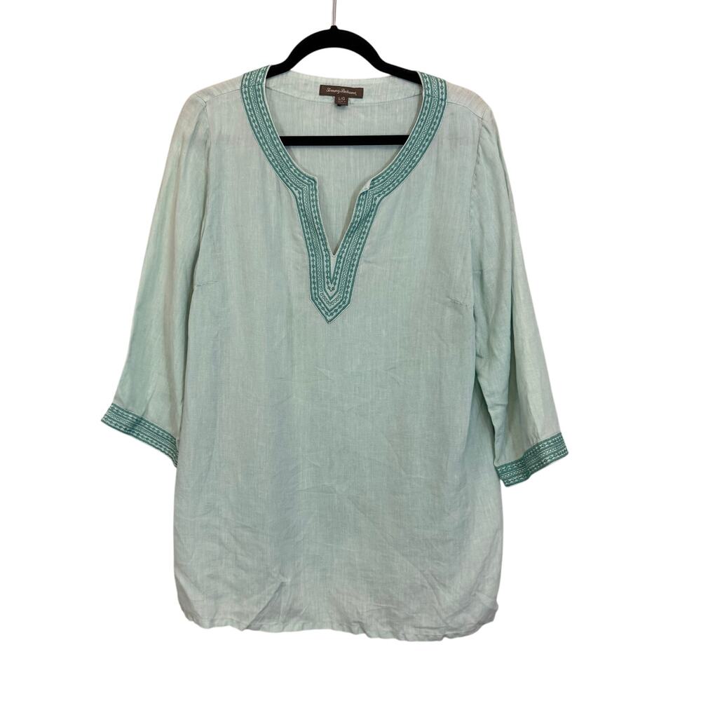 Tommy Bahama Linen Tunic Top L Blue Tunic Embroidery Boho Vacation Summer Resort
